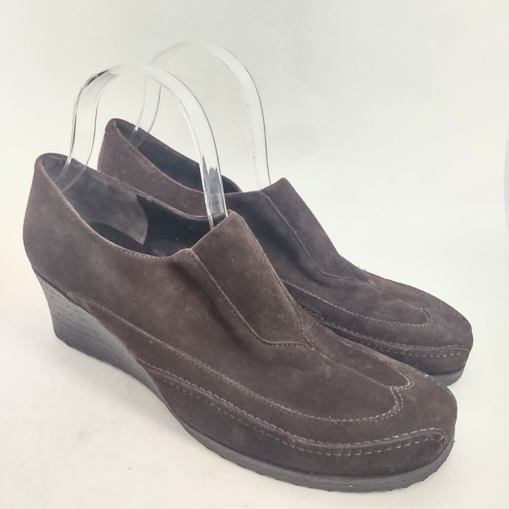 Via SPIGA Slip On Brown Low Ankle Bootie Wedge Heel size Womens 9.5‎ Suede EUC